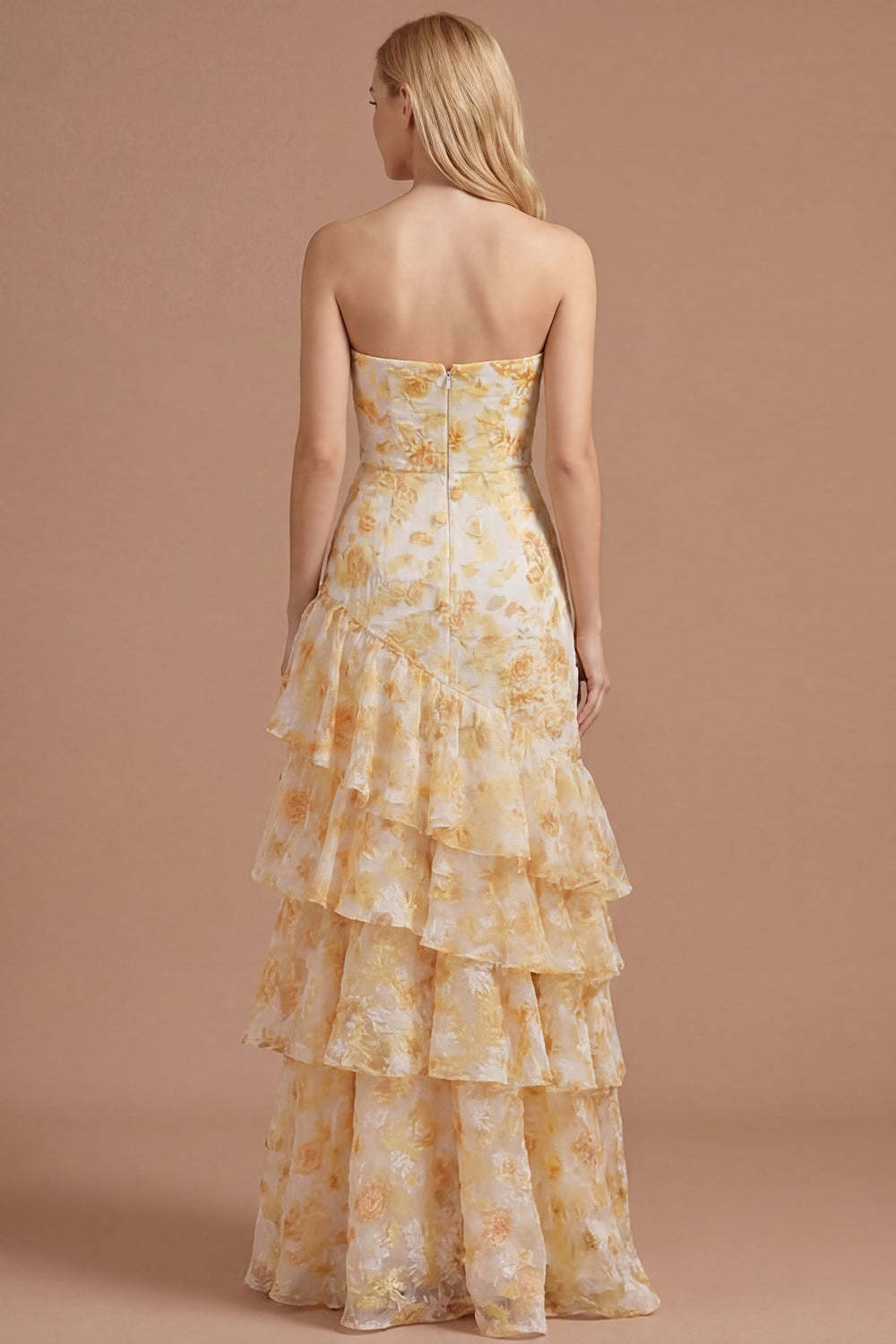 Yellow Floral A Line Ruffled Tiered Sweetheart Long Prom Dress