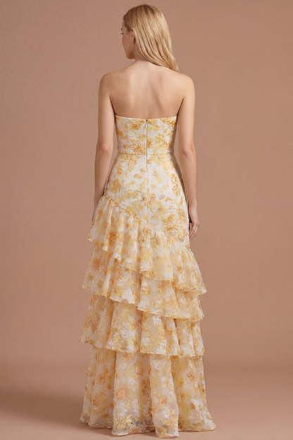 Yellow Floral A Line Ruffled Tiered Sweetheart Long Prom Dress
