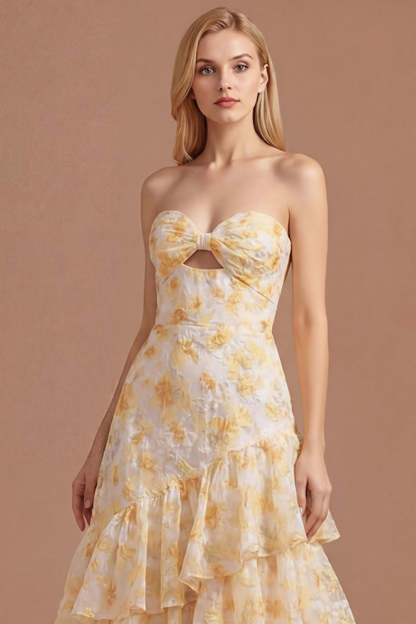 Yellow Floral A Line Ruffled Tiered Sweetheart Long Prom Dress