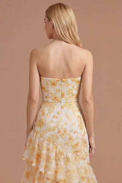 Yellow Floral A Line Ruffled Tiered Sweetheart Long Prom Dress