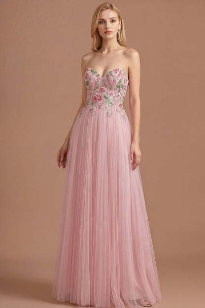 Leely Women A Line Floral Pink Sweetheart Pleated Long Prom Dress Backless Sleeveless Appliqued Wedding Guest Dress