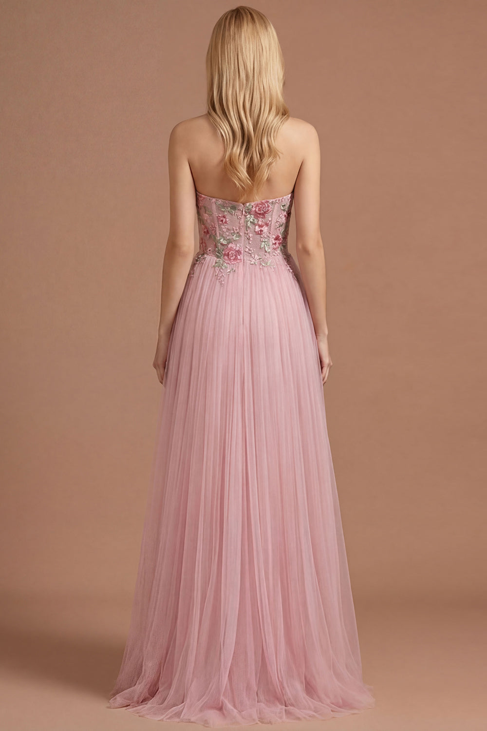 A Line Floral Pink Sweetheart Pleated Long Prom Dress