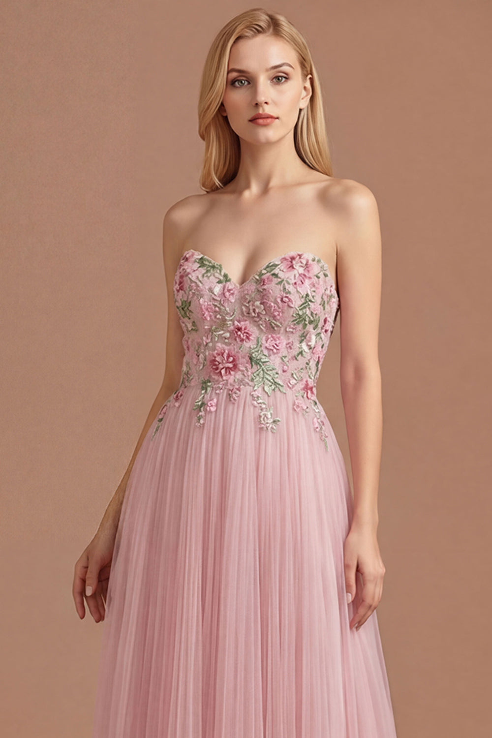 A Line Floral Pink Sweetheart Pleated Long Prom Dress