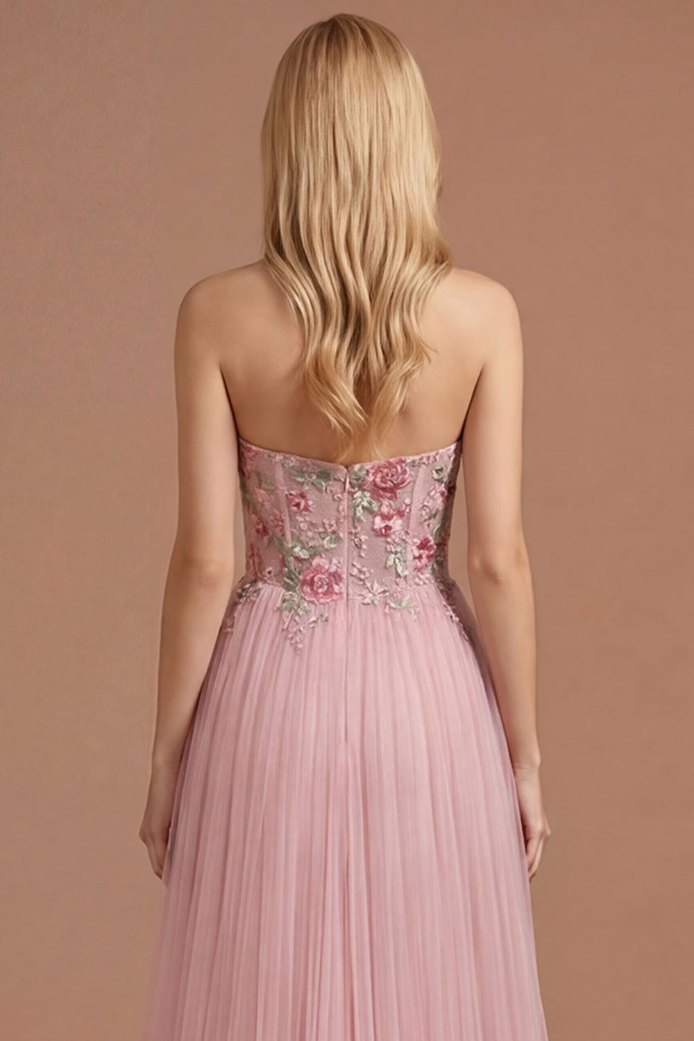 A Line Floral Pink Sweetheart Pleated Long Prom Dress