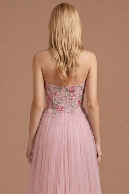 A Line Floral Pink Sweetheart Pleated Long Prom Dress