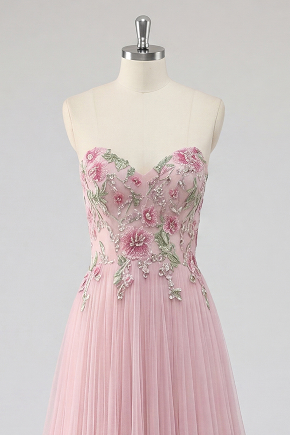 A Line Floral Pink Sweetheart Pleated Long Prom Dress