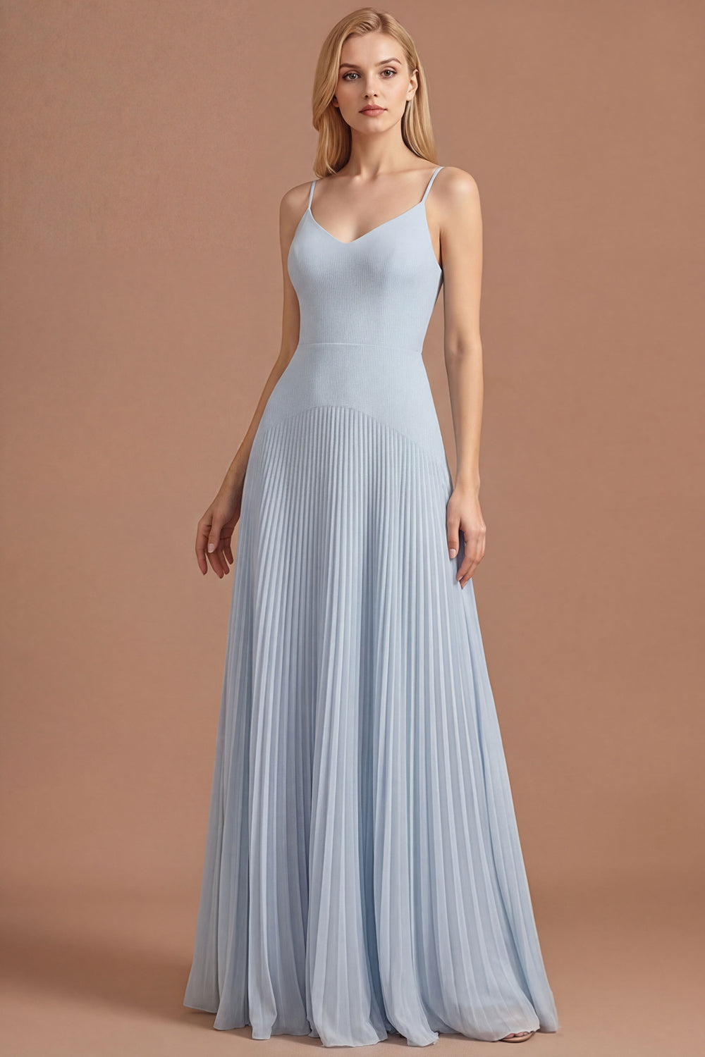 Sky Blue A Line Spaghetti Straps Pleated Long Prom Dress