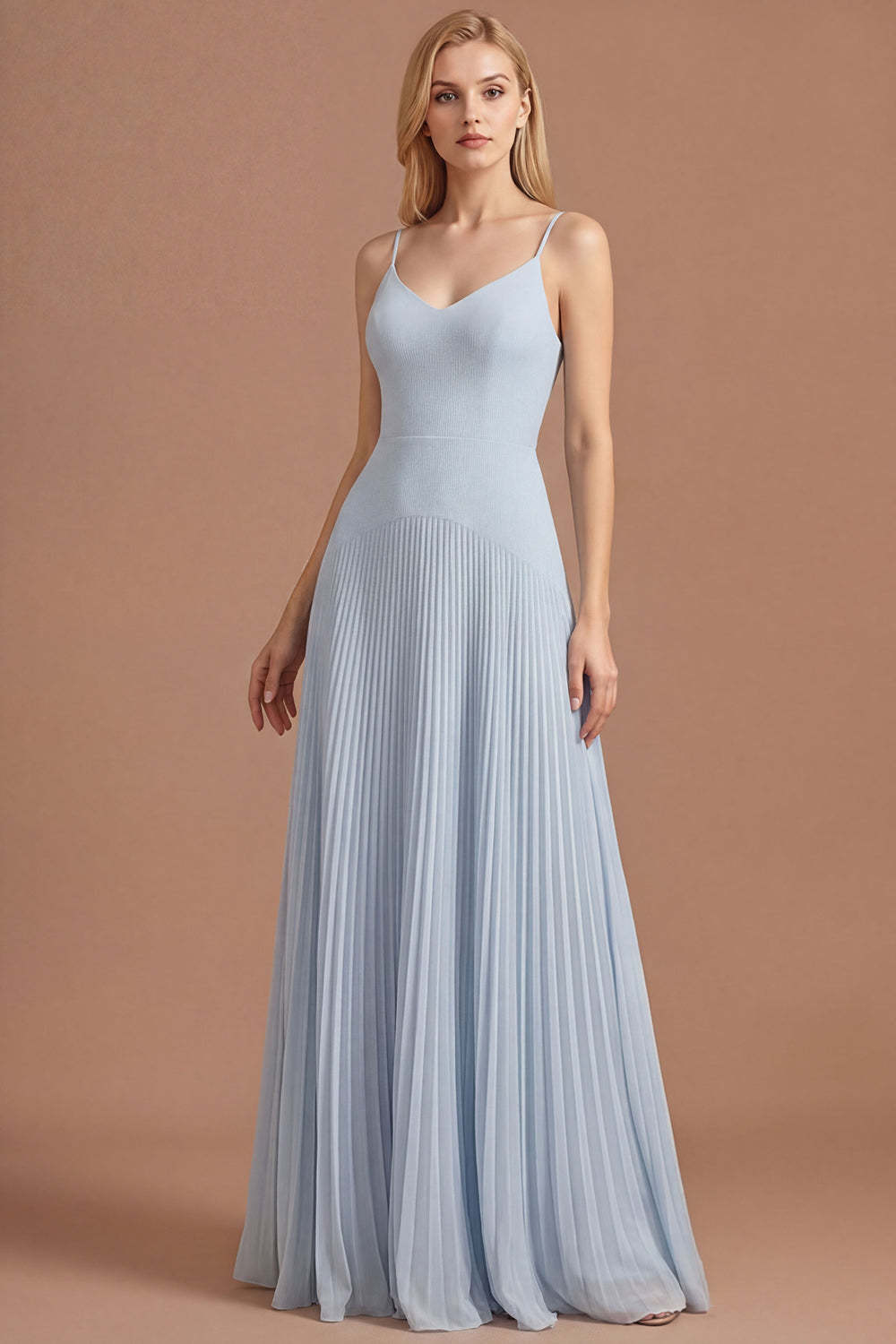 Leely Women Sky Blue A Line Spaghetti Straps Pleated Long Prom Dress Backless Sleeveless Wedding Guest Dress