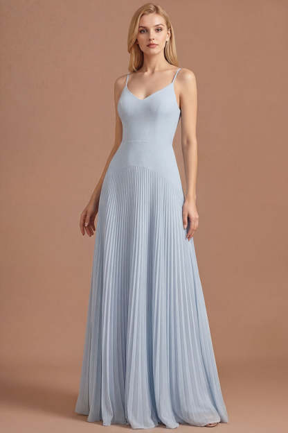 Leely Women Sky Blue A Line Spaghetti Straps Pleated Long Prom Dress Backless Sleeveless Wedding Guest Dress