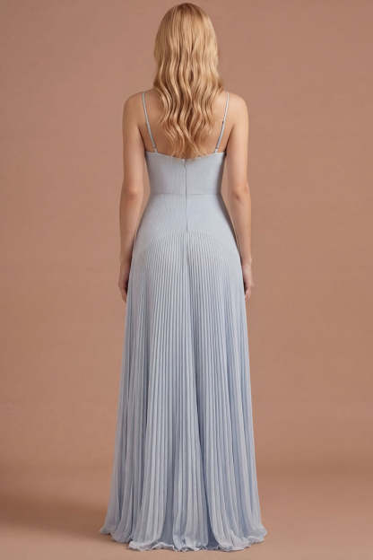 Sky Blue A Line Spaghetti Straps Pleated Long Prom Dress