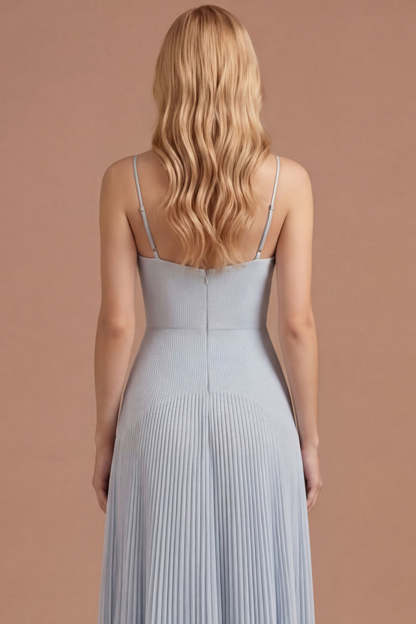 Sky Blue A Line Spaghetti Straps Pleated Long Prom Dress