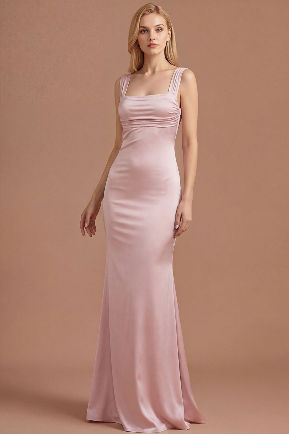Leely Women Pink Sheath Satin Thick Straps Long Prom Dress Sleeveless Backless Wedding Guest Dress