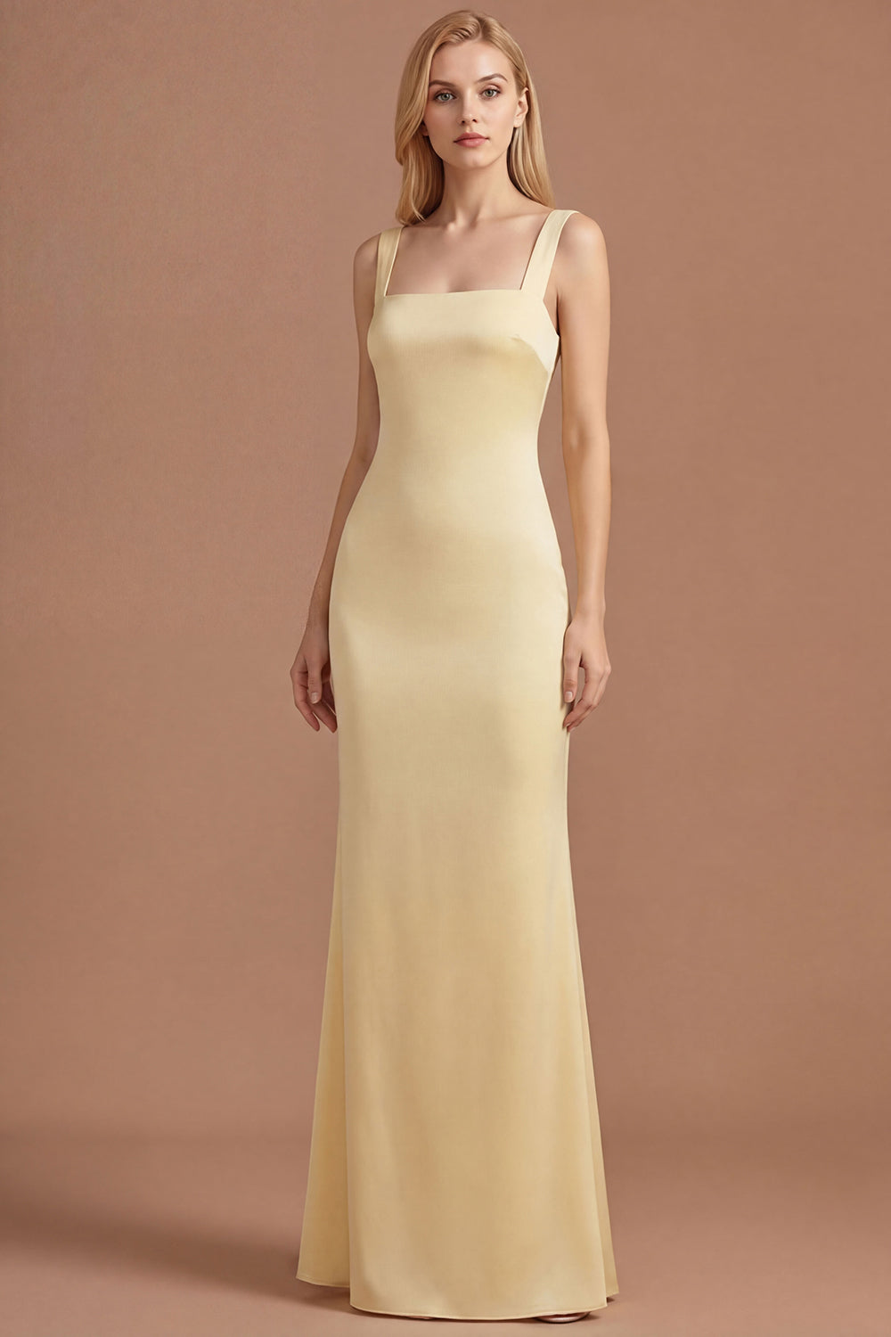 Leely Women Sheath Yellow Thick Straps Long Prom Dress Sleeveless Backless Wedding Guest Dress