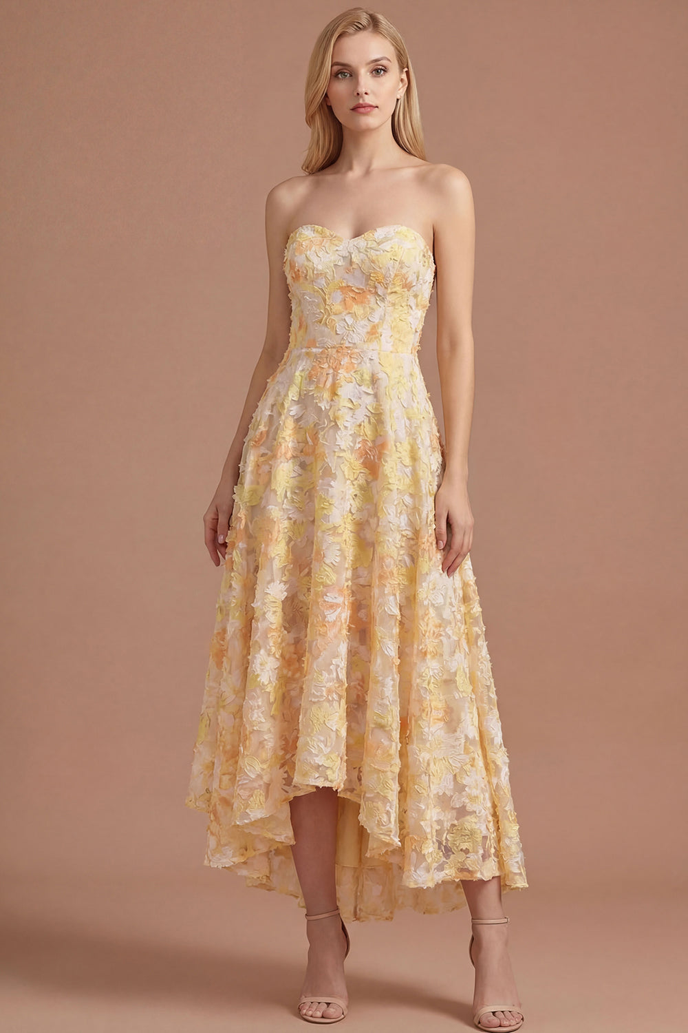 Leely Women A Line Yellow Floral Sweetheart High Low Prom Dress Appliqued Backless Sleeveless Wedding Guest Dress