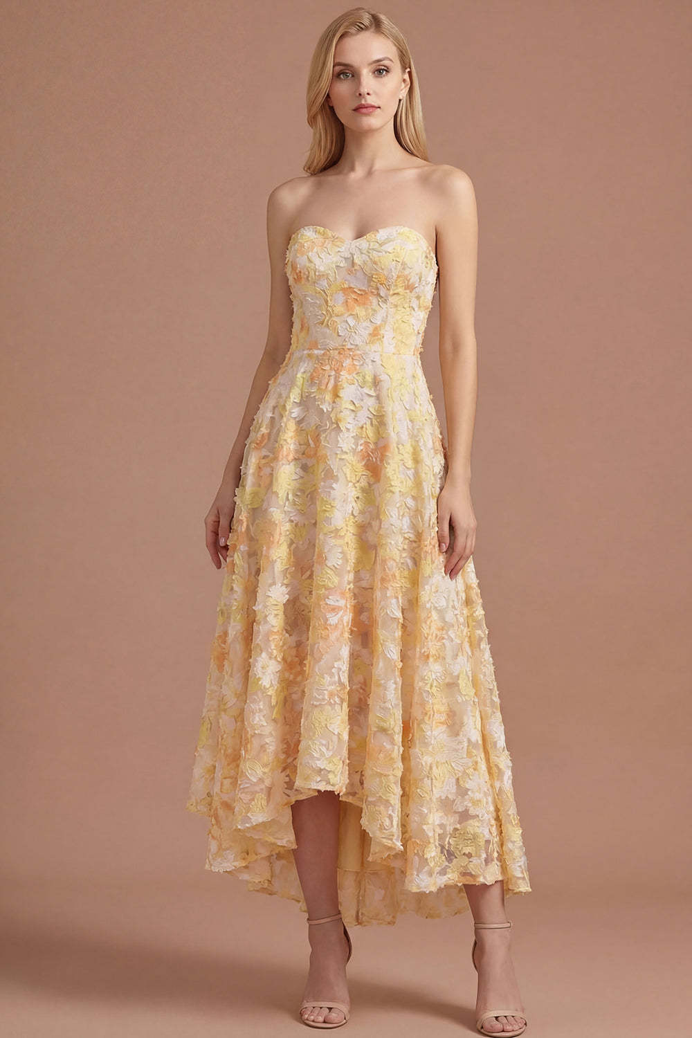 Leely Women A Line Yellow Floral Sweetheart High Low Prom Dress Appliqued Backless Sleeveless Wedding Guest Dress