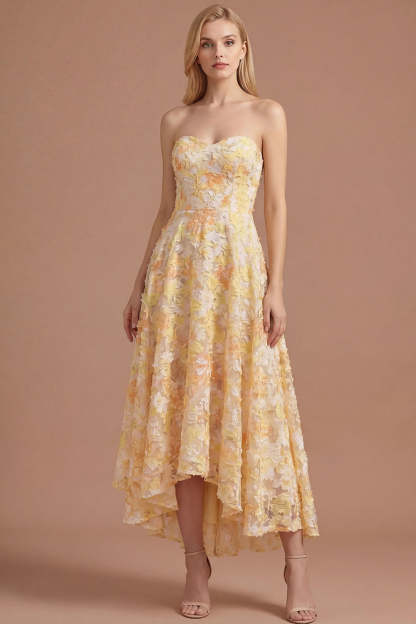 Leely Women A Line Yellow Floral Sweetheart High Low Prom Dress Appliqued Backless Sleeveless Wedding Guest Dress