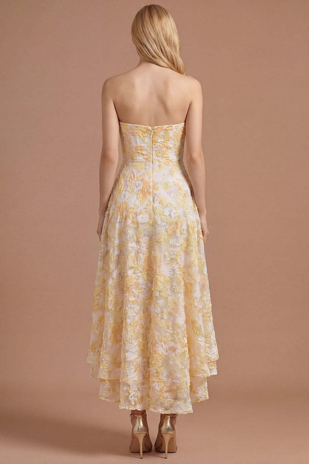 A Line Yellow Floral Appliqued Sweetheart High Low Prom Dress