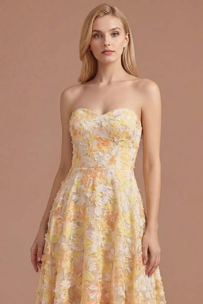 A Line Yellow Floral Appliqued Sweetheart High Low Prom Dress