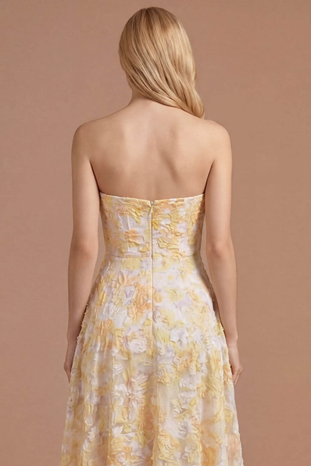 A Line Yellow Floral Appliqued Sweetheart High Low Prom Dress