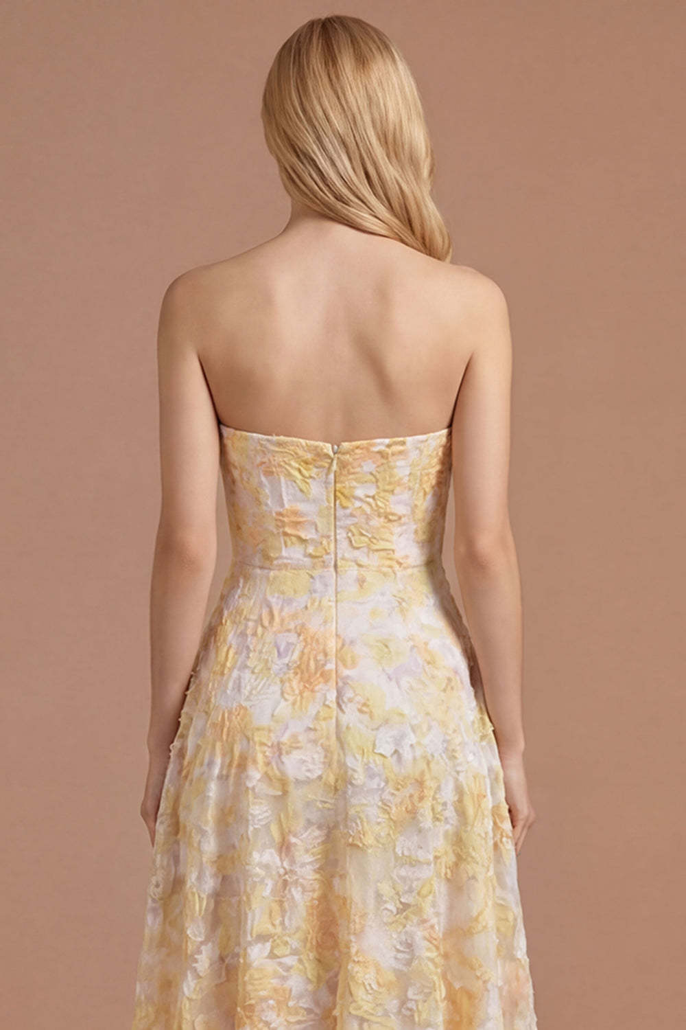 A Line Yellow Floral Appliqued Sweetheart High Low Prom Dress