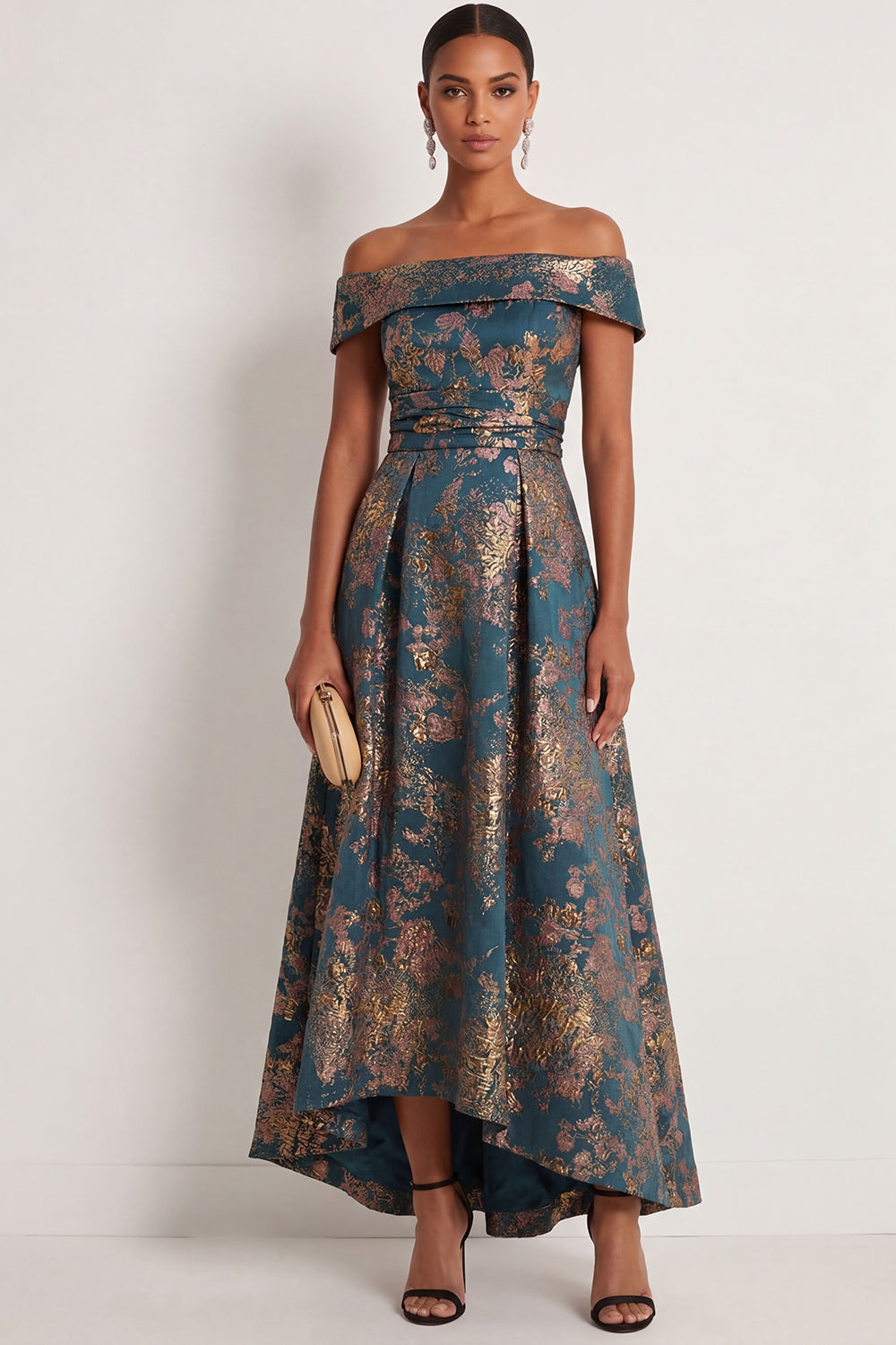 Peacock Blue Jacquard Floral A Line High Long Formal Dress