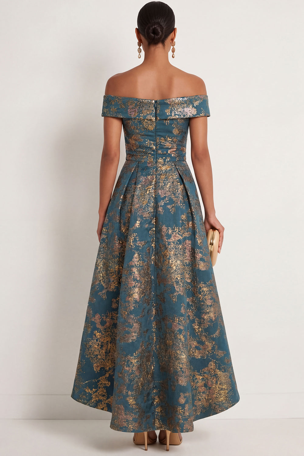 Peacock Blue Jacquard Floral A Line High Long Formal Dress