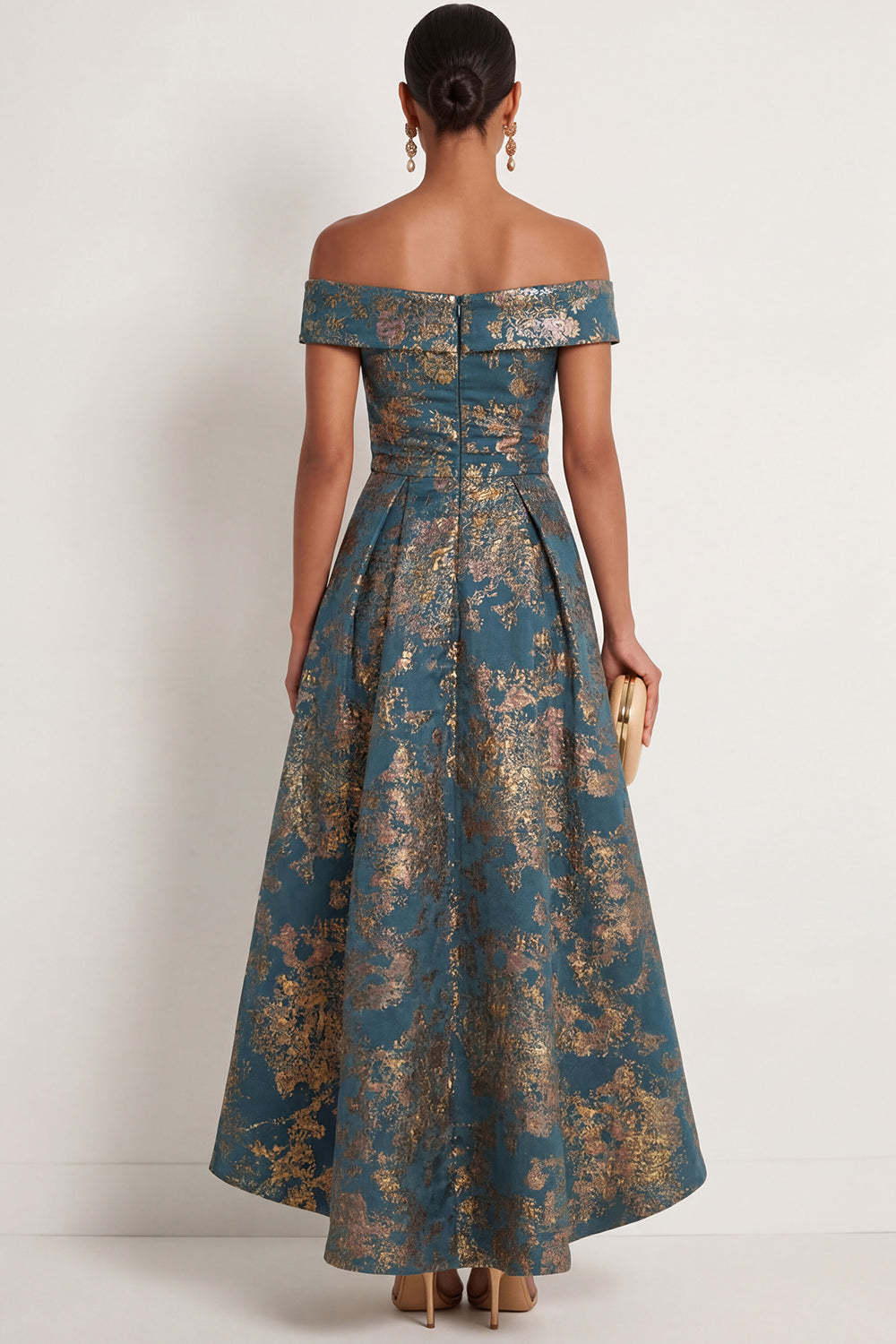 Peacock Blue Jacquard Floral A Line High Long Formal Dress