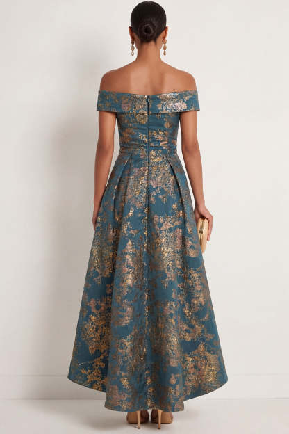 Peacock Blue Jacquard Floral A Line High Long Formal Dress