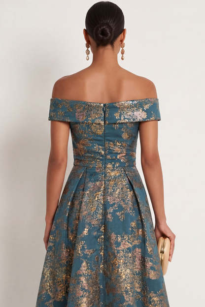Peacock Blue Jacquard Floral A Line High Long Formal Dress