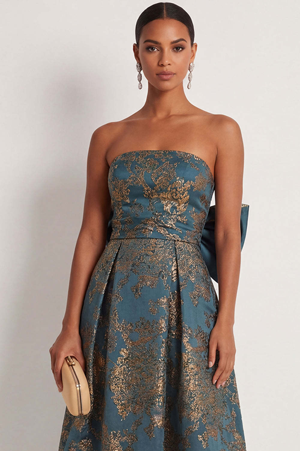Peacock Blue Jacquard Floral A Line Strapless Long Formal Dress with Bow