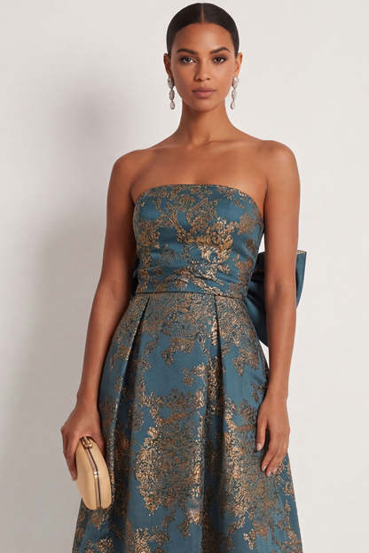 Peacock Blue Jacquard Floral A Line Strapless Long Formal Dress with Bow