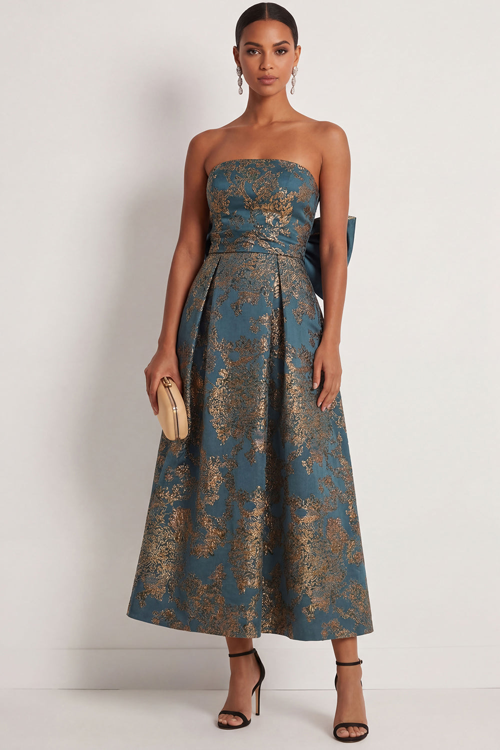 Peacock Blue Jacquard Floral A Line Strapless Long Formal Dress with Bow