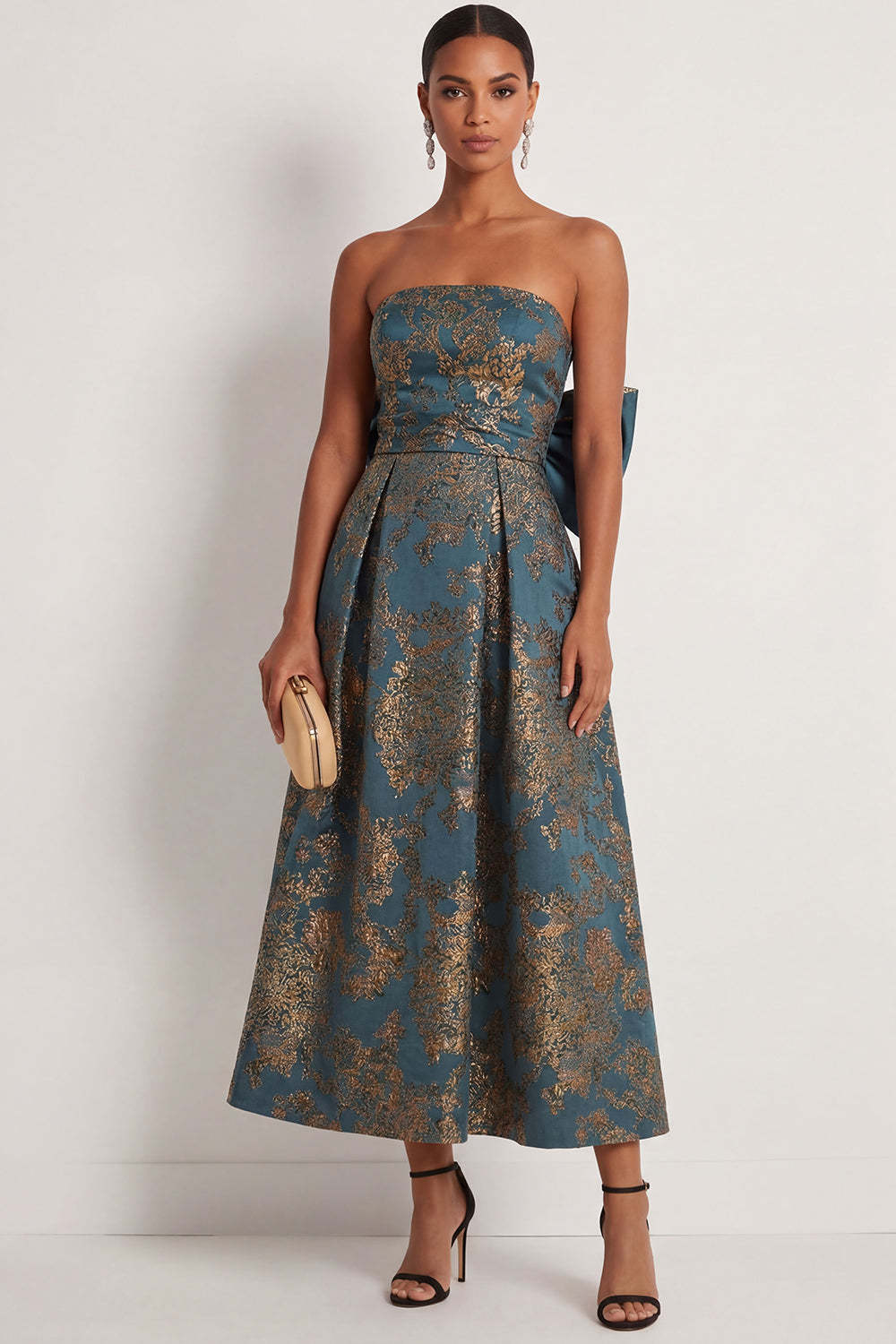 Leely Women Peacock Blue Floral A Line Long Formal Dress with Bow Strapless Jacquard Backless Wedding Guest Dress