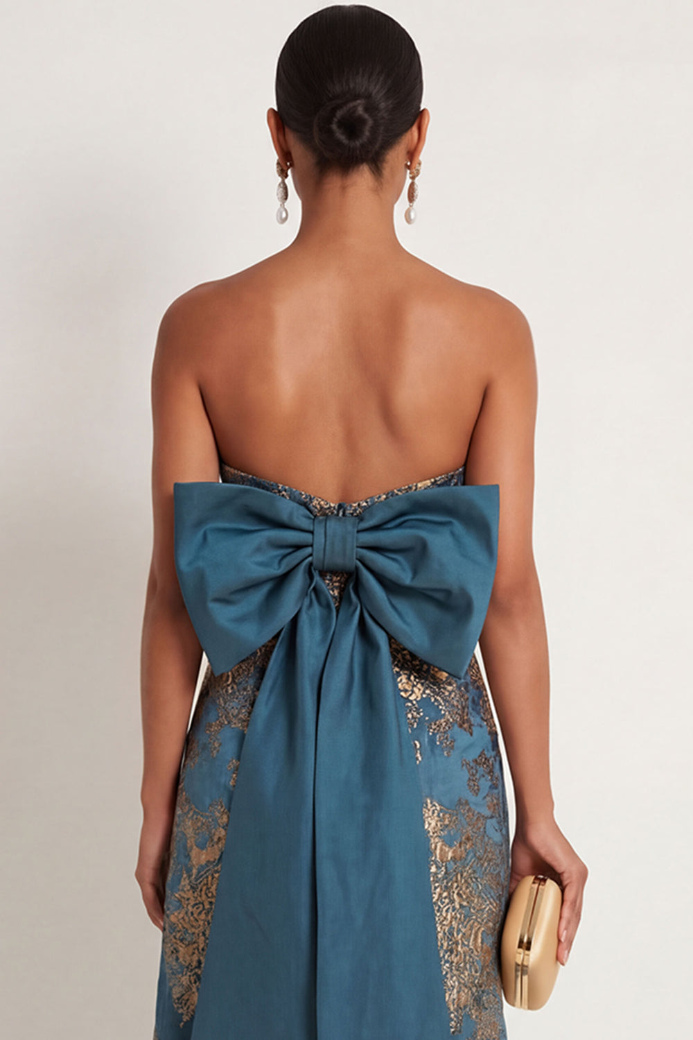 Peacock Blue Jacquard Floral A Line Strapless Long Formal Dress with Bow