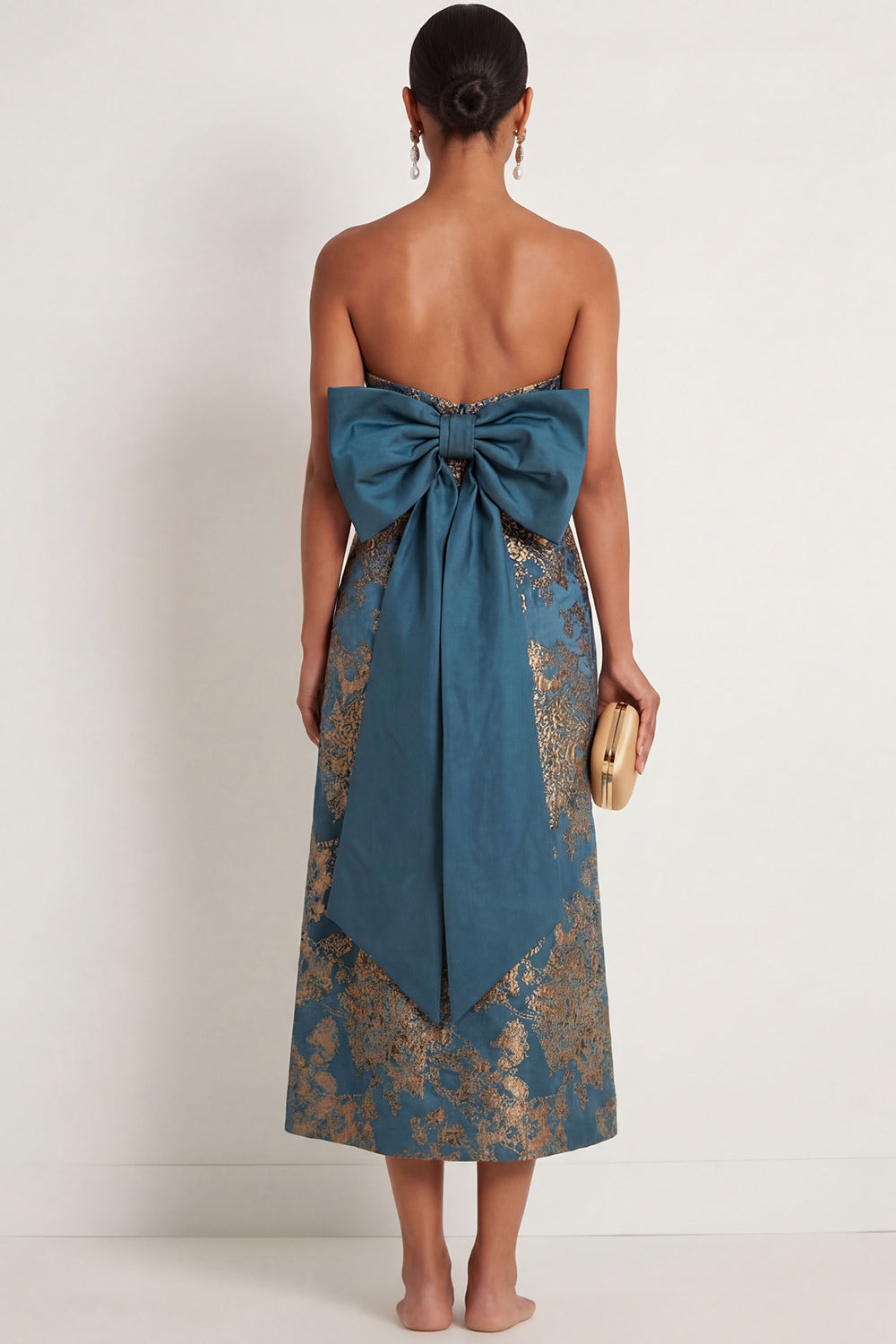 Peacock Blue Jacquard Floral A Line Strapless Long Formal Dress with Bow