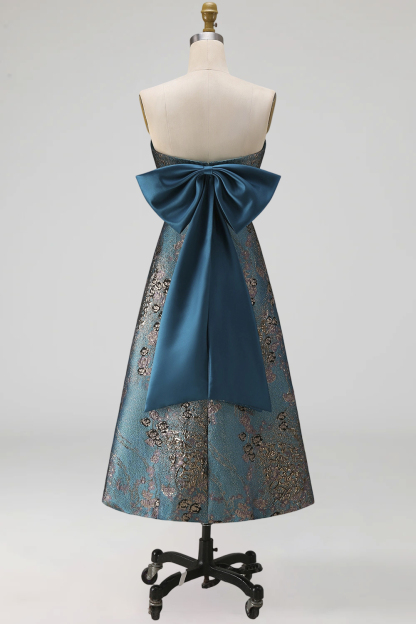 Peacock Blue Jacquard Floral A Line Strapless Long Formal Dress with Bow