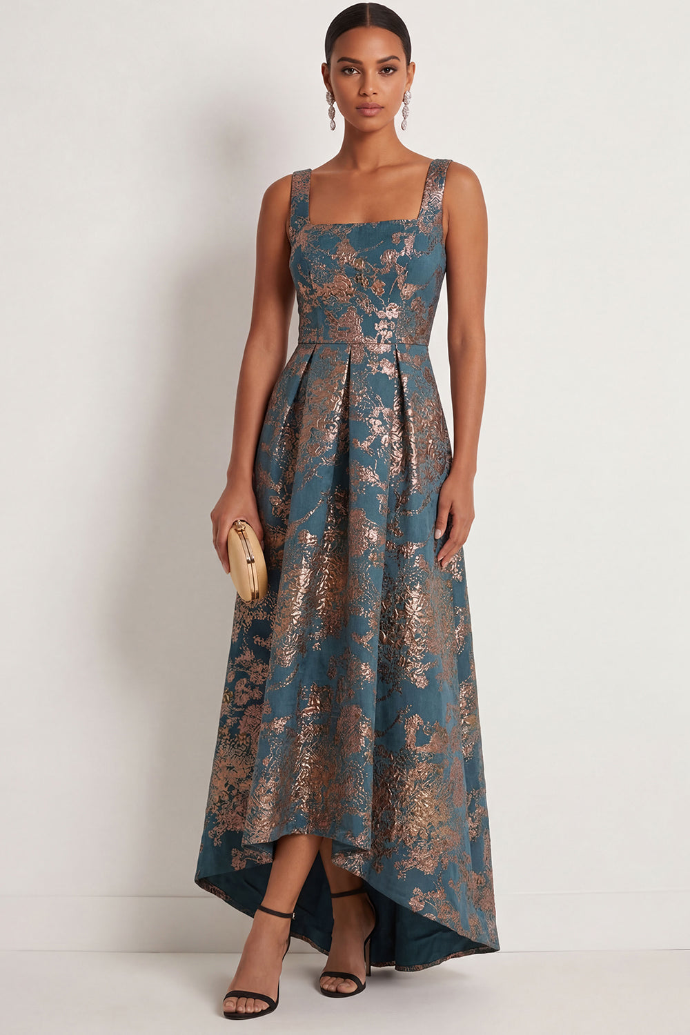 Peacock Blue Jacquard Floral Thick Straps Sleeveless Long Formal Dress