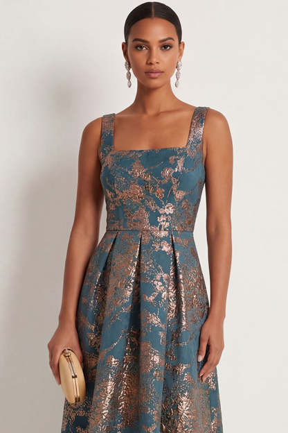 Peacock Blue Jacquard Floral Thick Straps Sleeveless Long Formal Dress