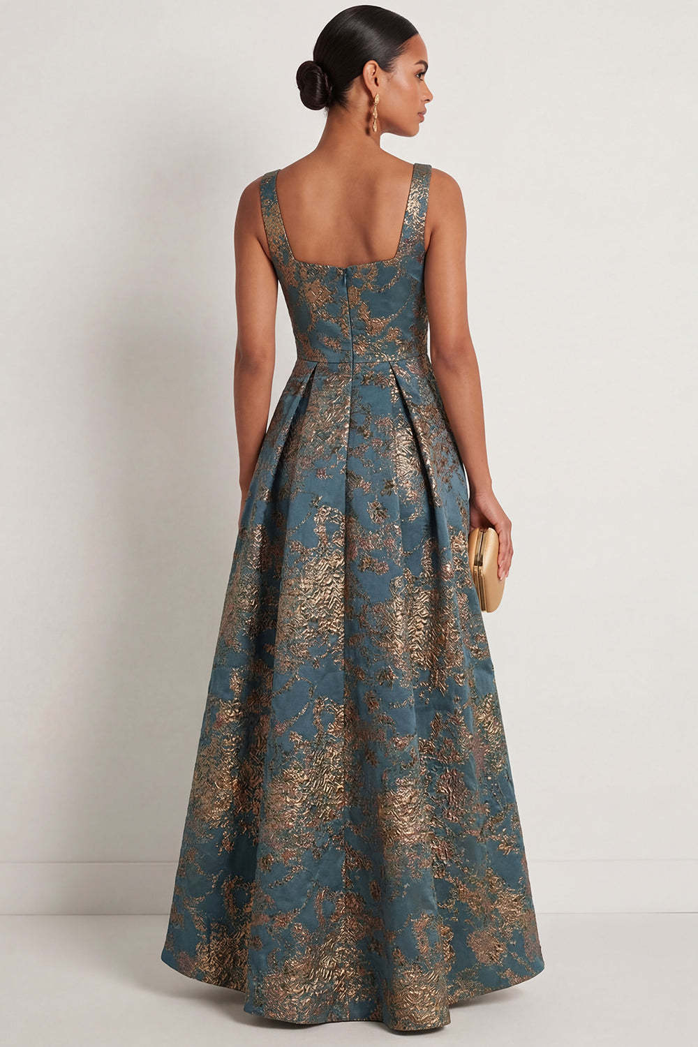Peacock Blue Jacquard Floral Thick Straps Sleeveless Long Formal Dress