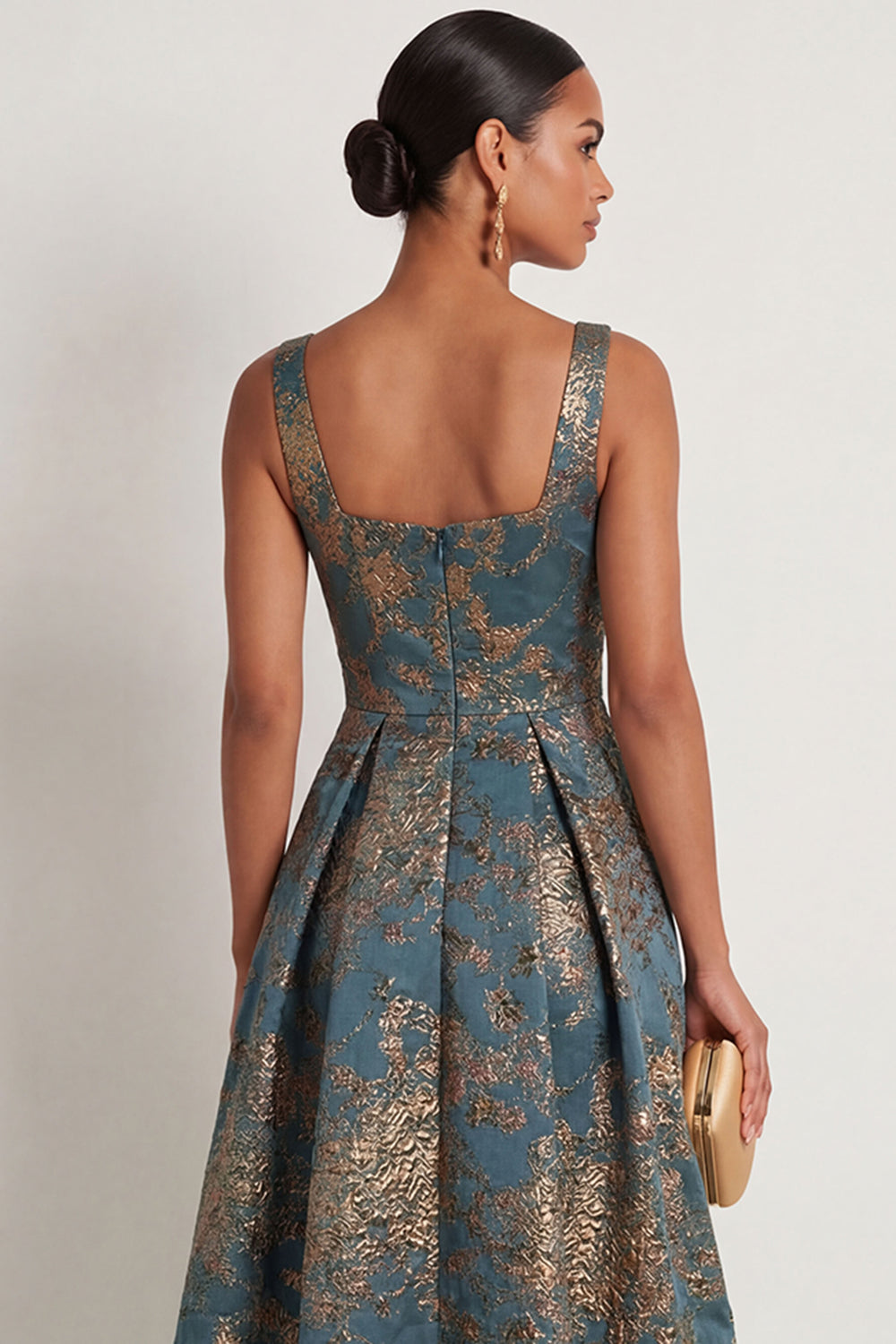 Peacock Blue Jacquard Floral Thick Straps Sleeveless Long Formal Dress