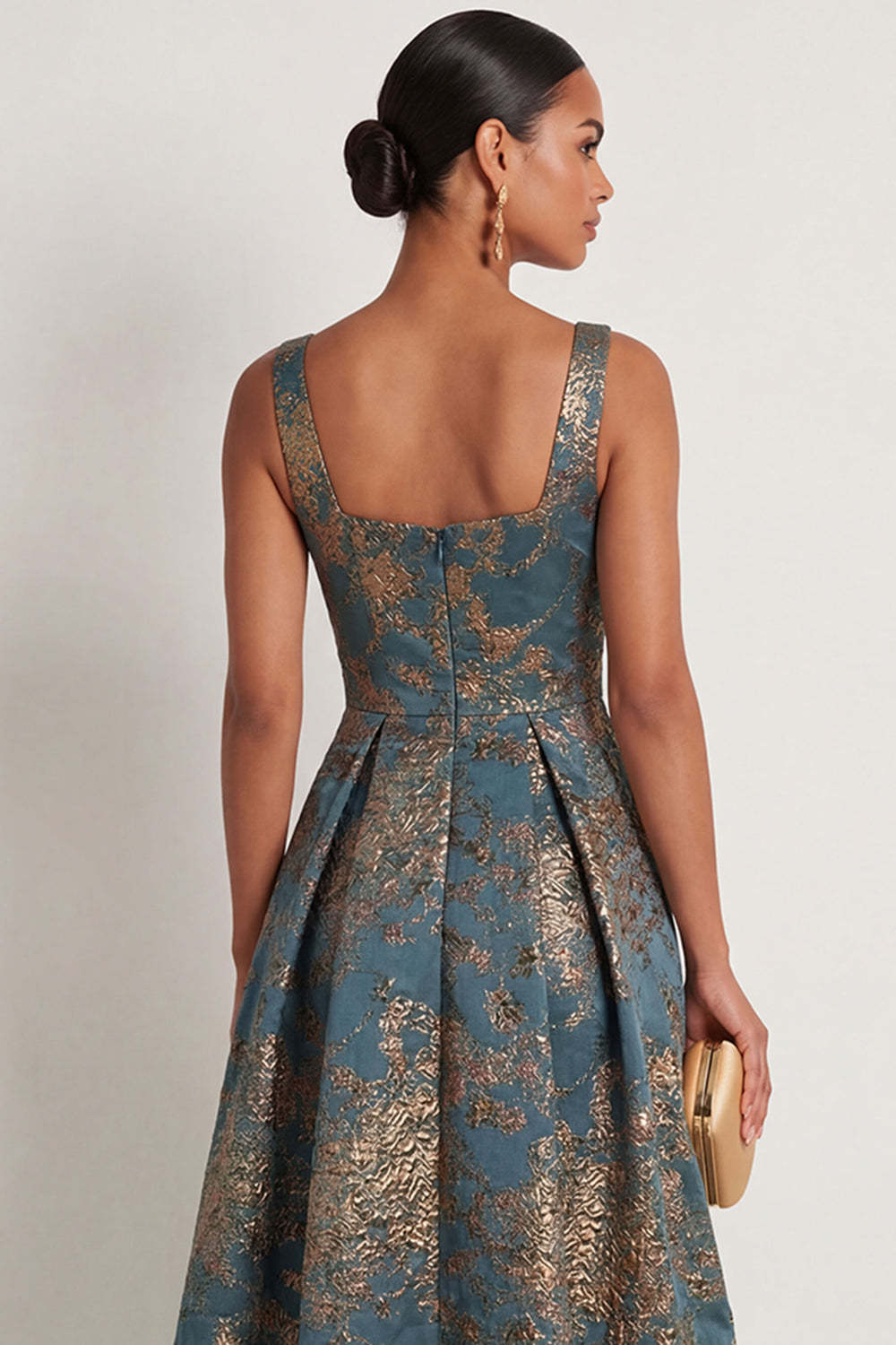 Peacock Blue Jacquard Floral Thick Straps Sleeveless Long Formal Dress