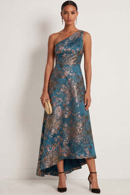 Leely Women Peacock Blue Floral Jacquard High Low Formal Dress One Shoulder Sleeveless Wedding Guest Dress