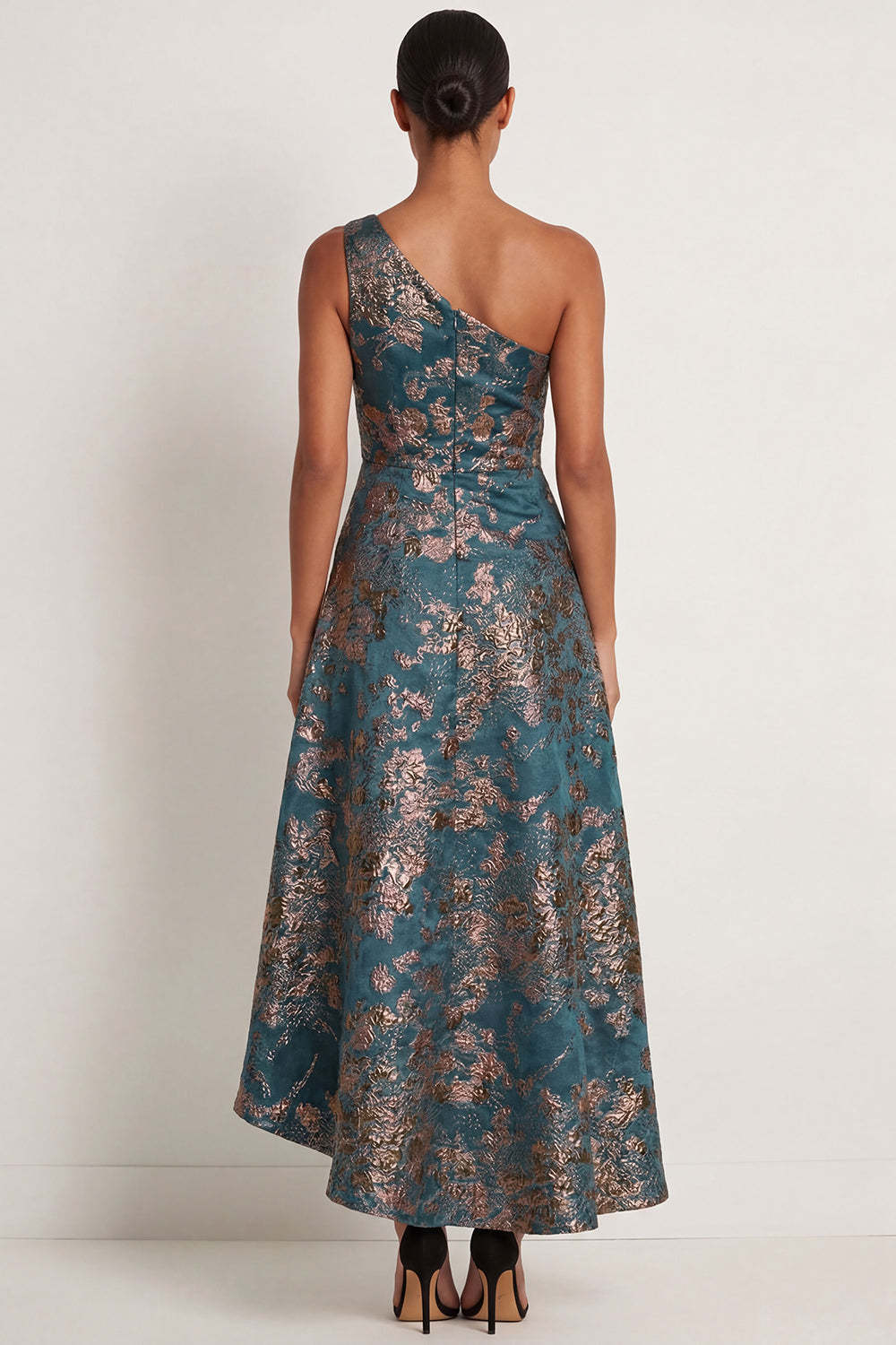 Peacock Blue Floral Jacquard One Shoulder High Low Formal Dress