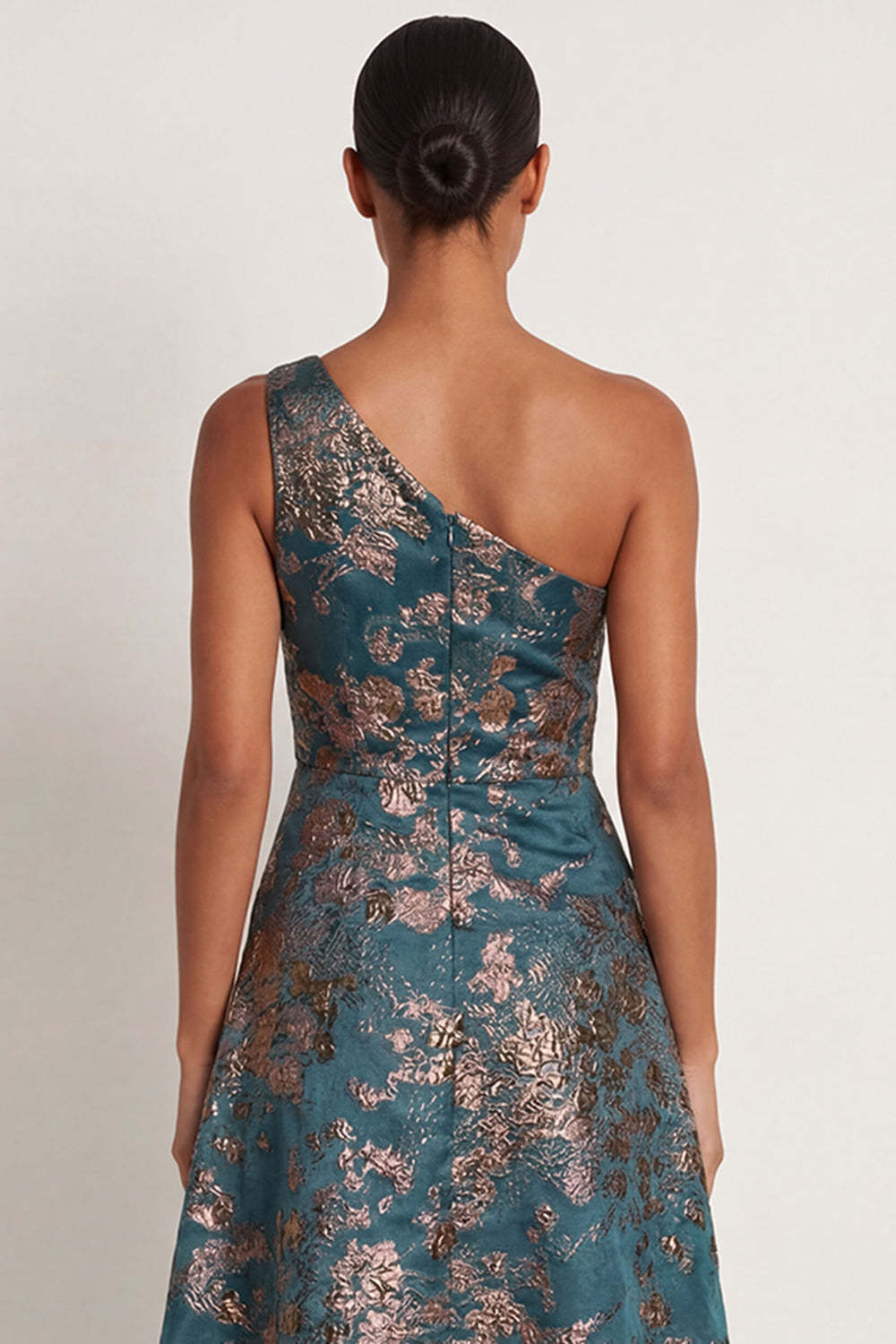 Peacock Blue Floral Jacquard One Shoulder High Low Formal Dress