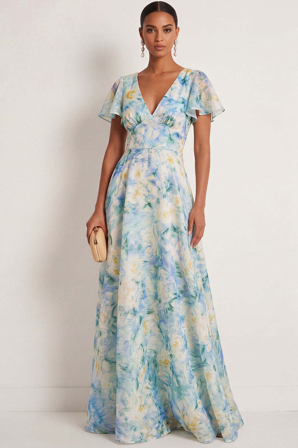 Leely Women Light Green Floral A Line Long Formal Dress V Neck Short Sleeves Backless Wedding Guest Dress