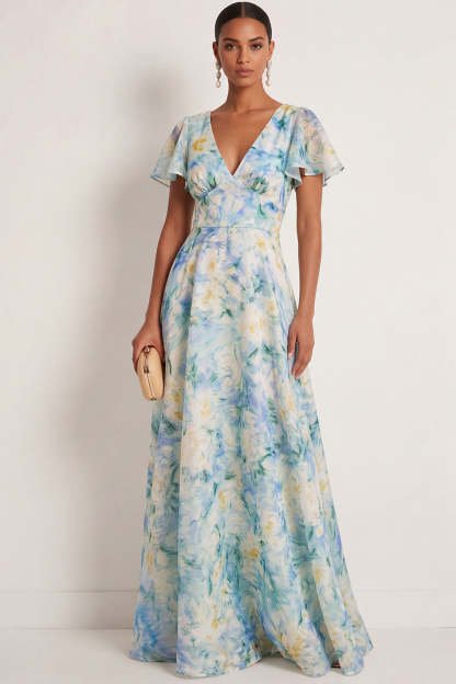 Leely Women Light Green Floral A Line Long Formal Dress V Neck Short Sleeves Backless Wedding Guest Dress