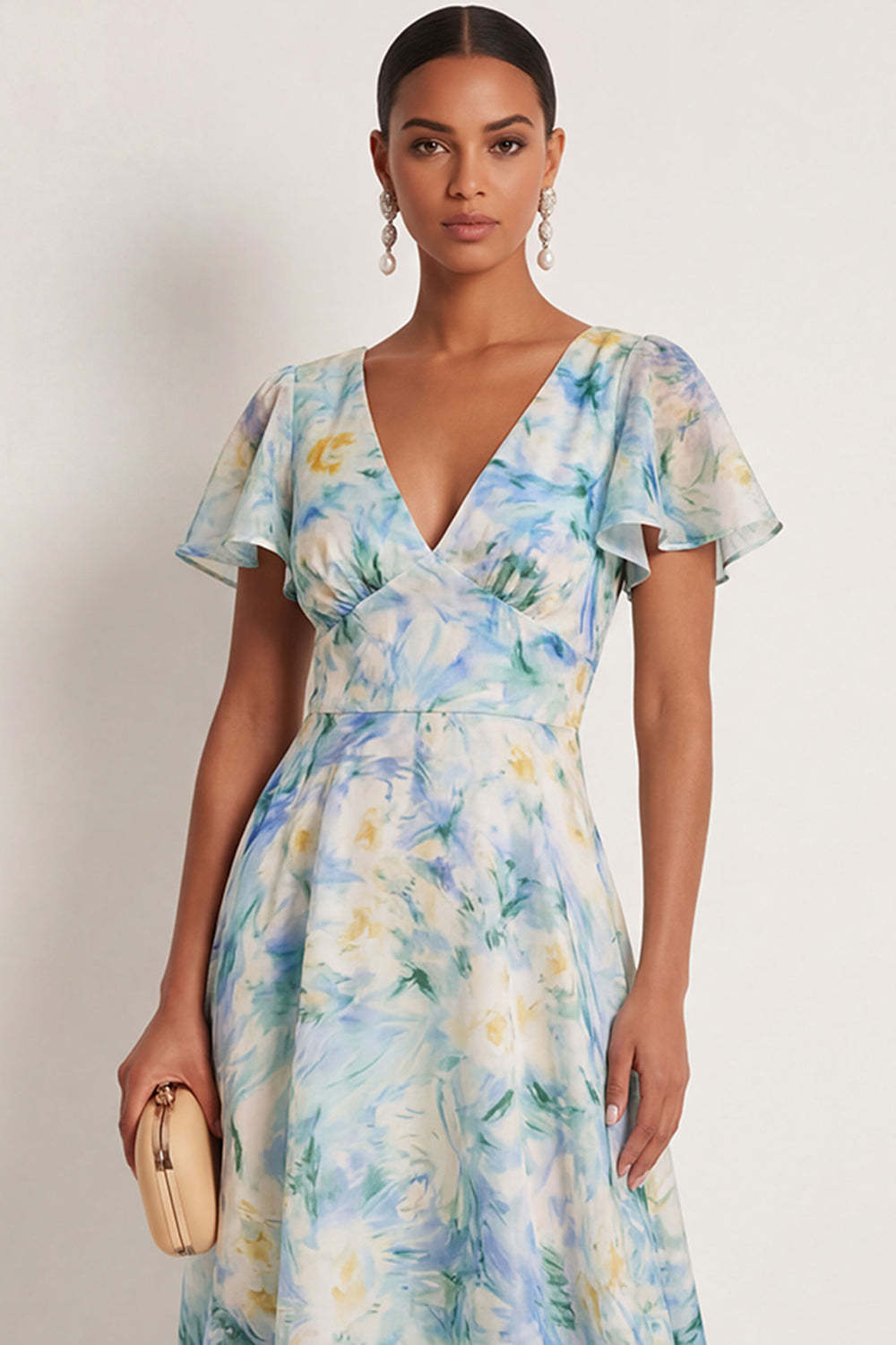 Light Green Floral A Line V Neck Short Sleeves Long Formal Dress