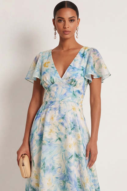 Light Green Floral A Line V Neck Short Sleeves Long Formal Dress