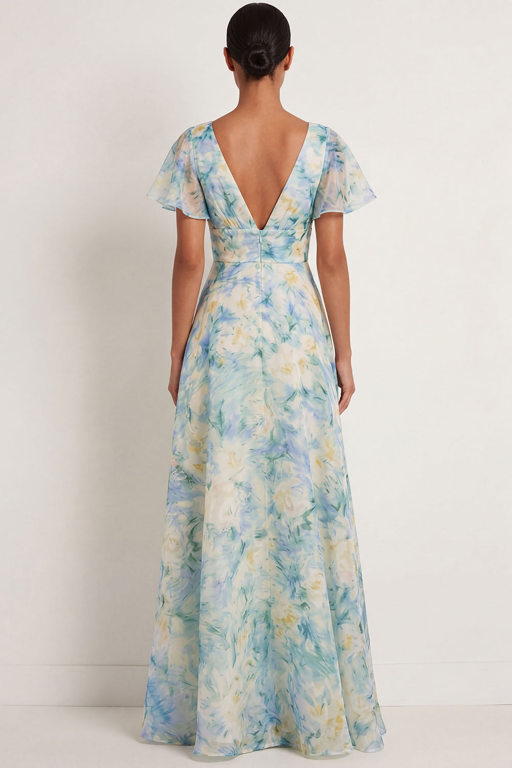 Light Green Floral A Line V Neck Short Sleeves Long Formal Dress