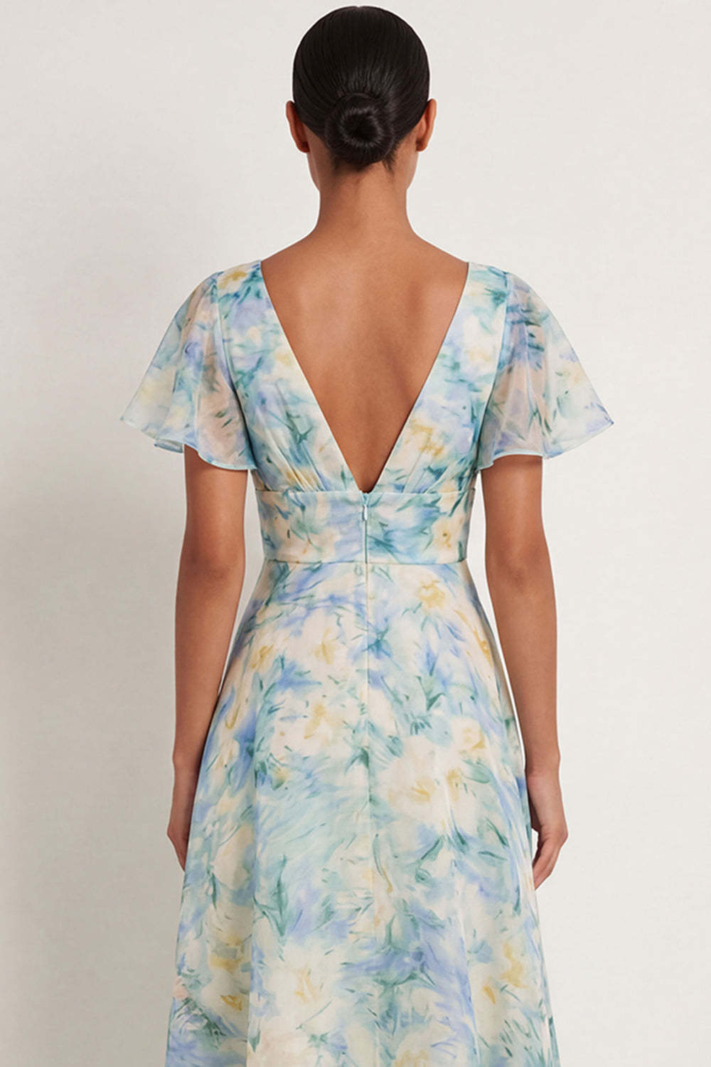 Light Green Floral A Line V Neck Short Sleeves Long Formal Dress